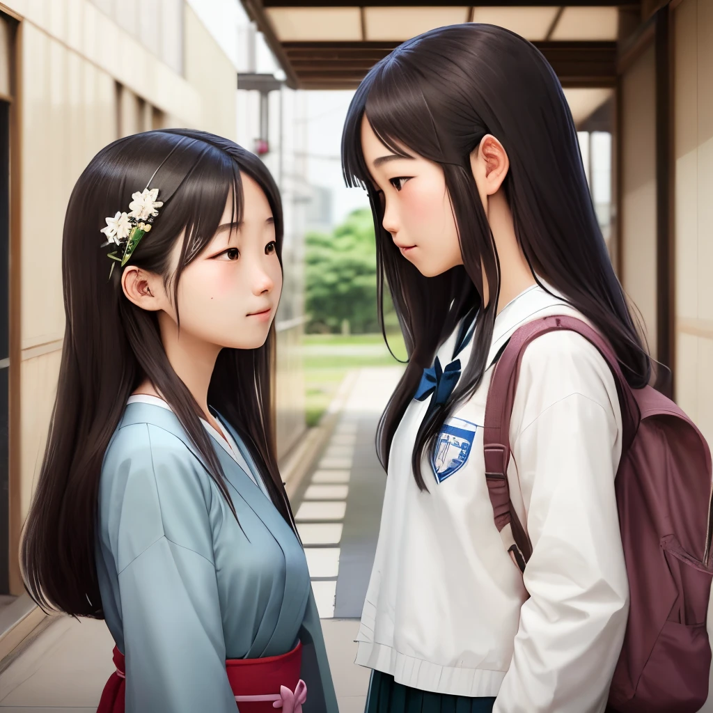 A Japanese high school student with long, beautiful, smooth, straight hair.、2 girls、girl headbutts