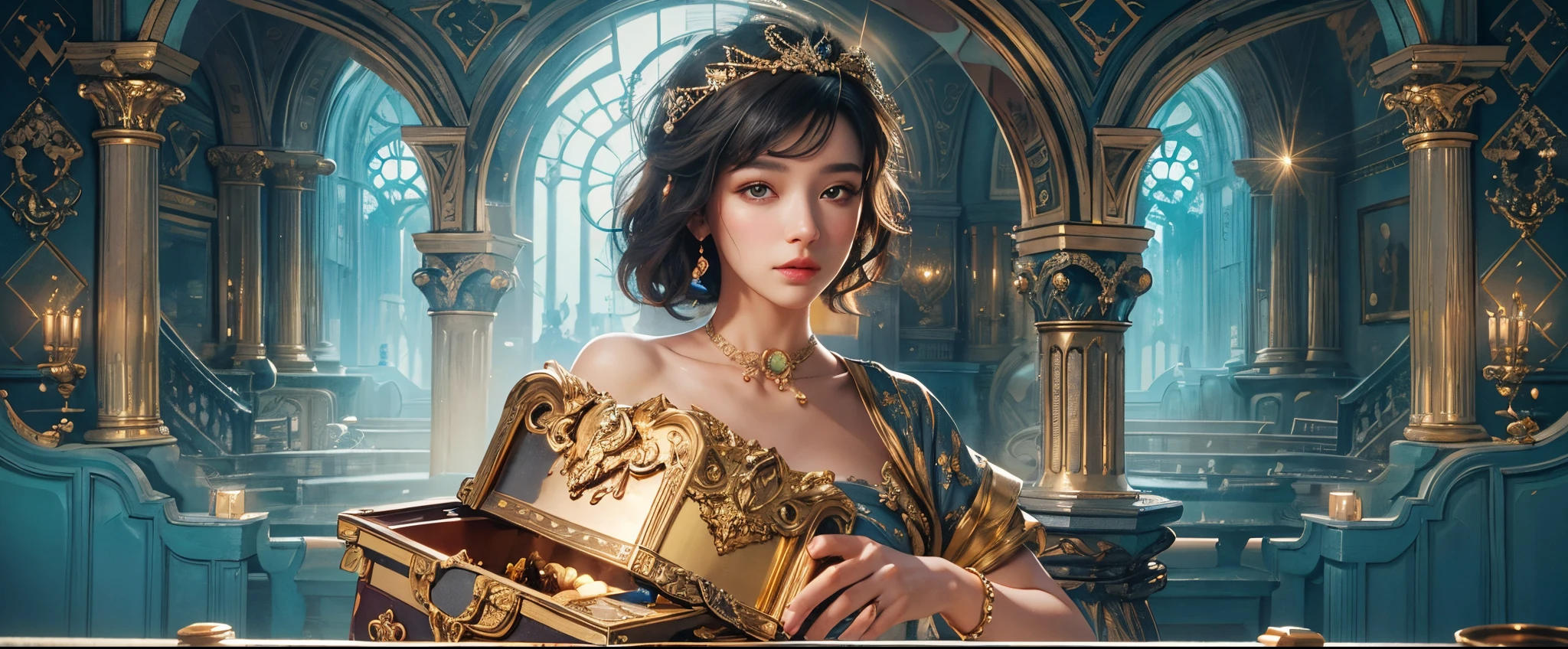 best quality,4k, highres,masterpiece:1.2), ultra-detailed, realistic:1.37, treasure chest holding woman, sexy blue dress, short hair, black hair, gold, jewels, radiant skin, sparkling eyes.