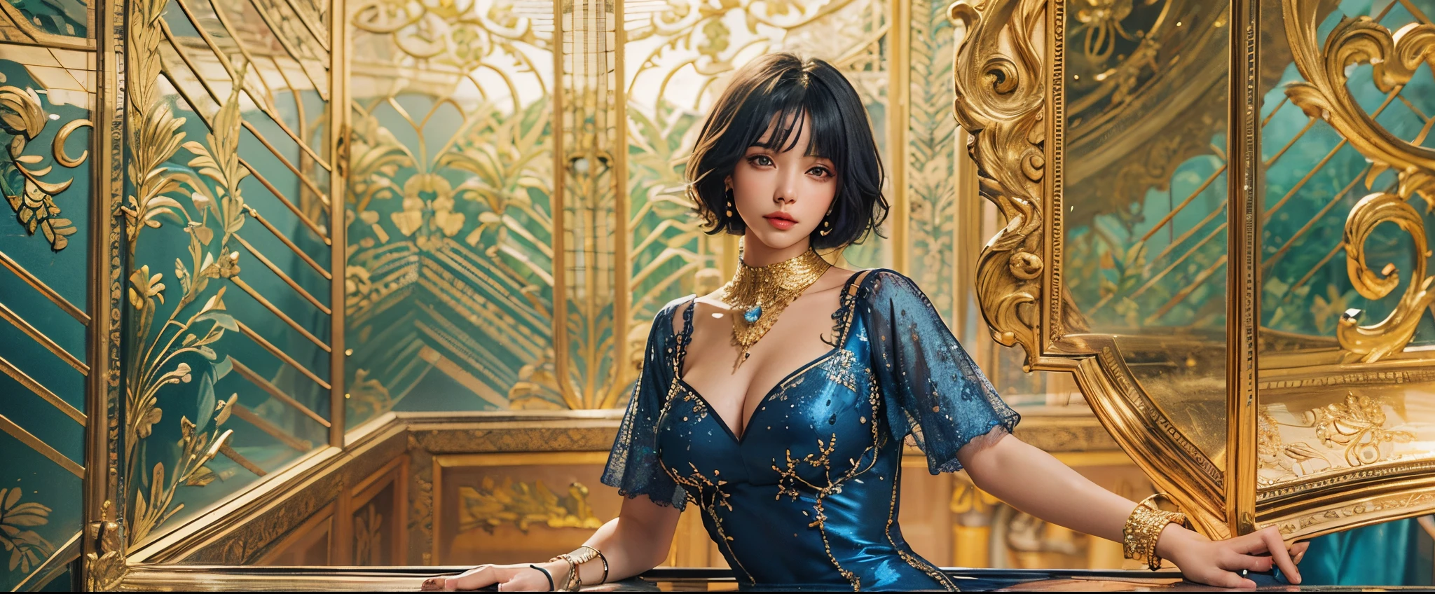 best quality,4k, highres,masterpiece:1.2), ultra-detailed, realistic:1.37, treasure chest holding woman, sexy blue dress, short hair, black hair, gold, jewels, radiant skin, sparkling eyes.