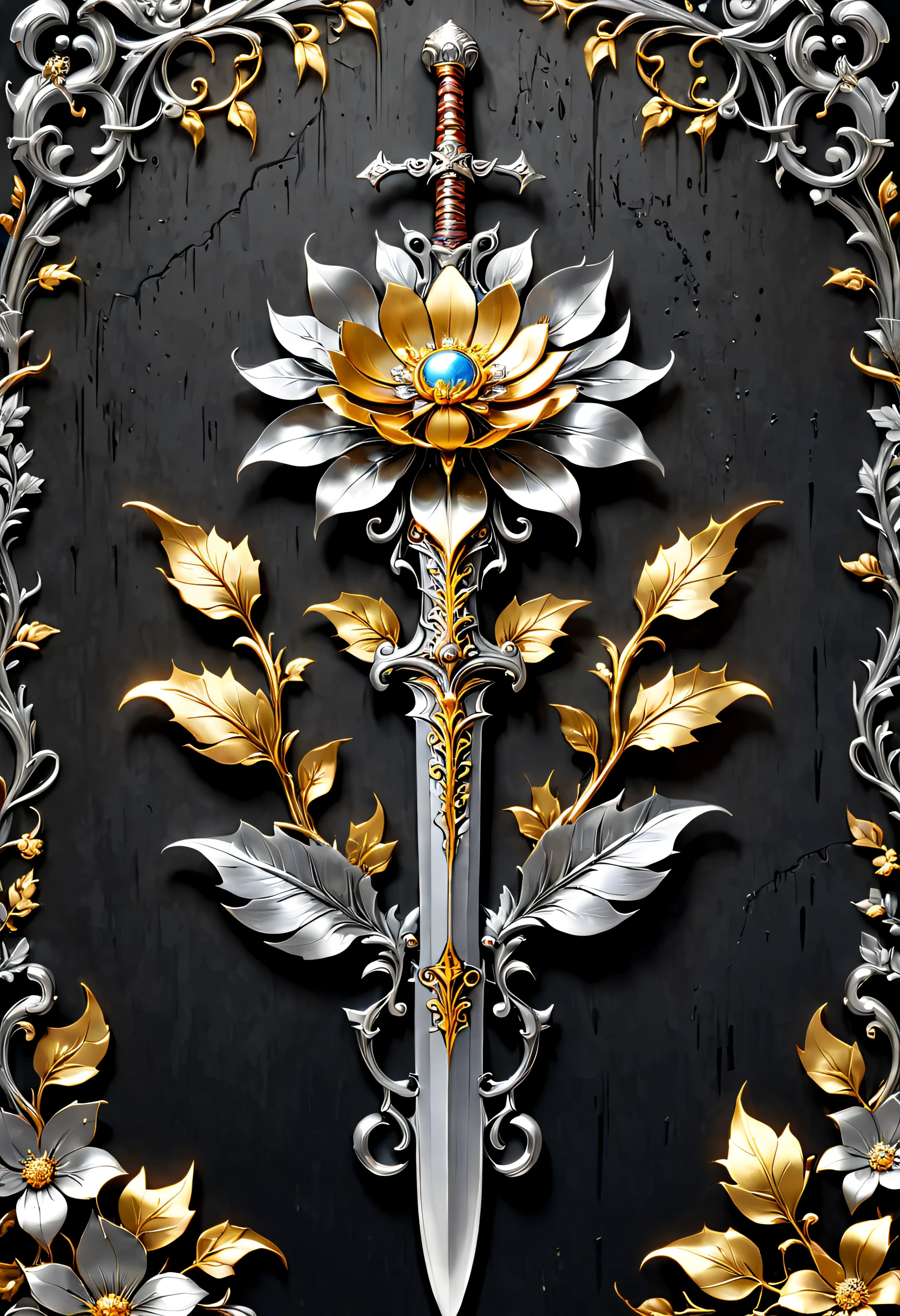 metal art,flower made of iron,iron leaf,iron pill,Iron flower,Full metallic luster,Metal texture in the post-industrial era,Iron decoration,platinum,Silver and gold,heavy metal style,Alloy iron flower surrounding magic sword,Alloy vines surround the magic sword,There are iron flowers on the sword,