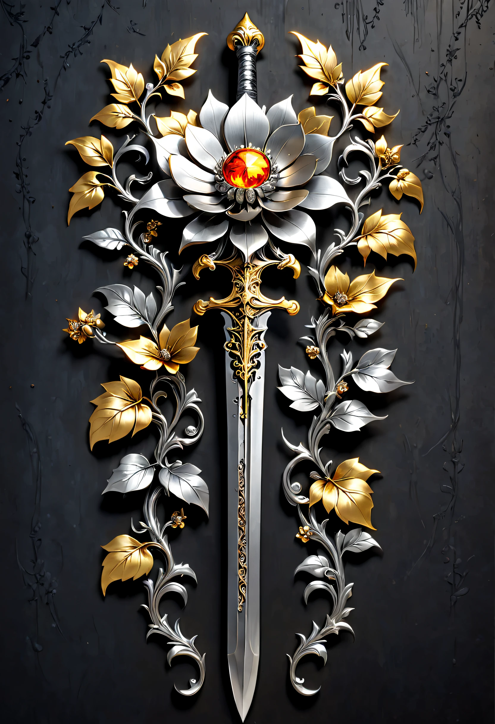 metal art,flower made of iron,iron leaf,iron pill,Iron flower,Full metallic luster,Metal texture in the post-industrial era,Iron decoration,platinum,Silver and gold,heavy metal style,Alloy iron flower surrounding magic sword,Alloy vines surround the magic sword,There are iron flowers on the sword,