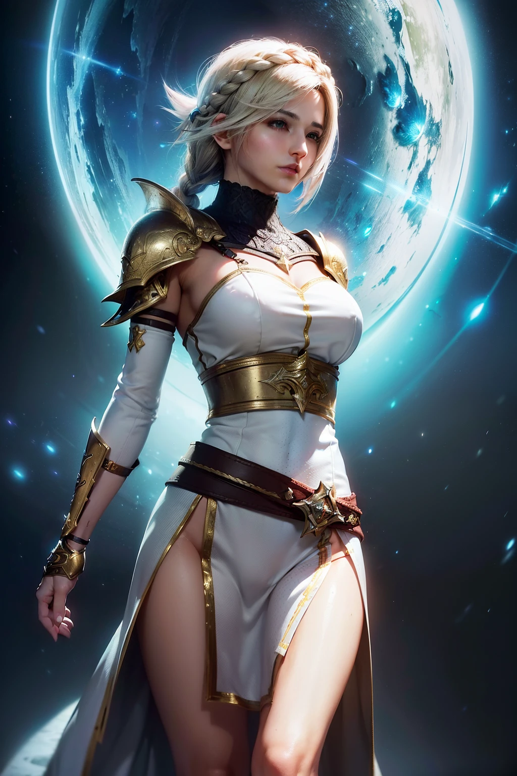 (((From face to the waist view::1. 4))), realistic skin texture, front view::1.0, (((Final Fantasy aesthetic style))) in complex & hyper detailed white fantasy armor (((wild glow effect))), panning photography::1, gold hour illumination, short white hair & long braid, (masterpiece), best quality, perfect face, 8k