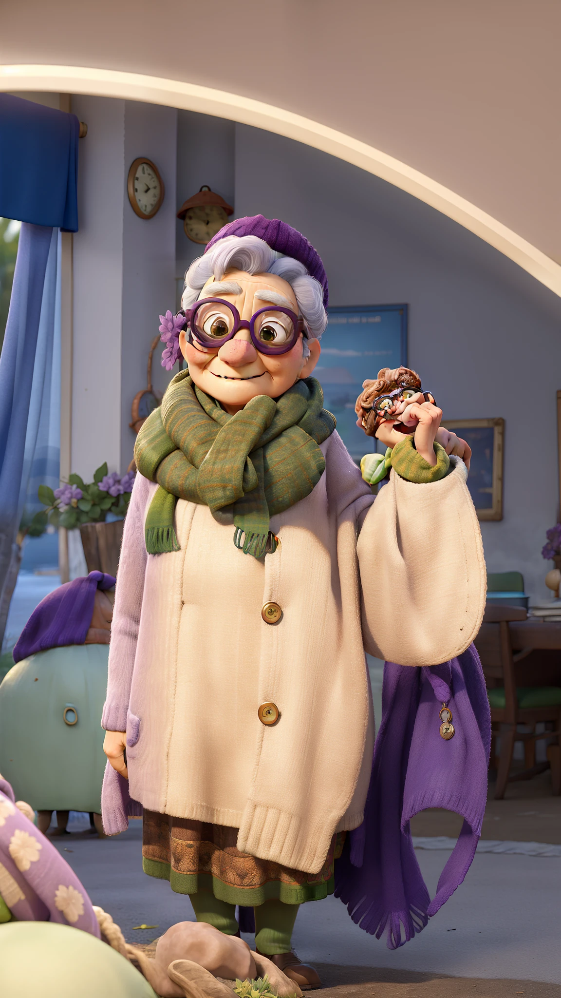 masterpiece, best quality, an old woman with glasses and a scarf on, wearing a purple coat and green scarf, standing at the park