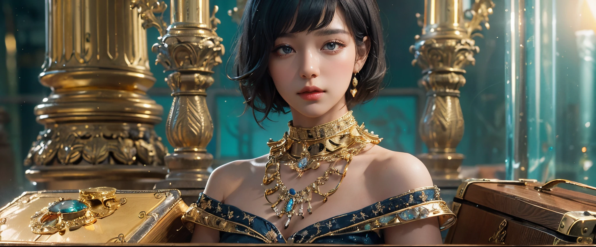 best quality,4k, highres,masterpiece:1.2), ultra-detailed, realistic:1.37, treasure chest holding woman, sexy blue dress, short hair, black hair, gold, jewels, radiant skin, sparkling eyes.