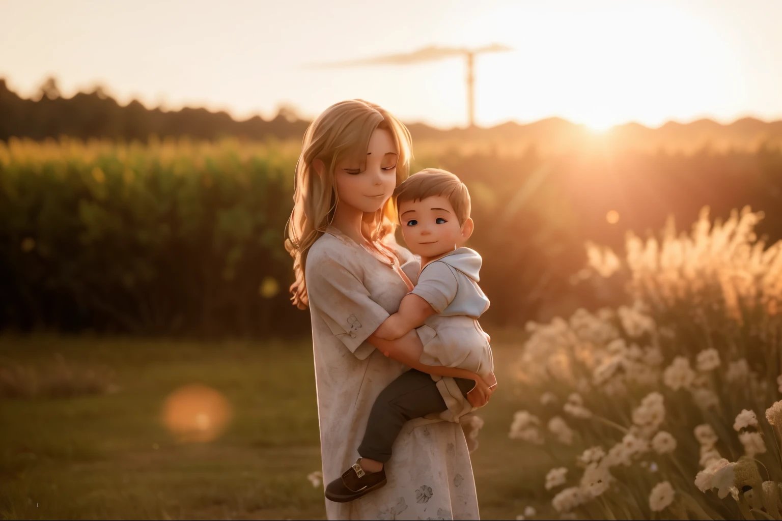 A mother with his son in his arm in a field with the sunset behind them.