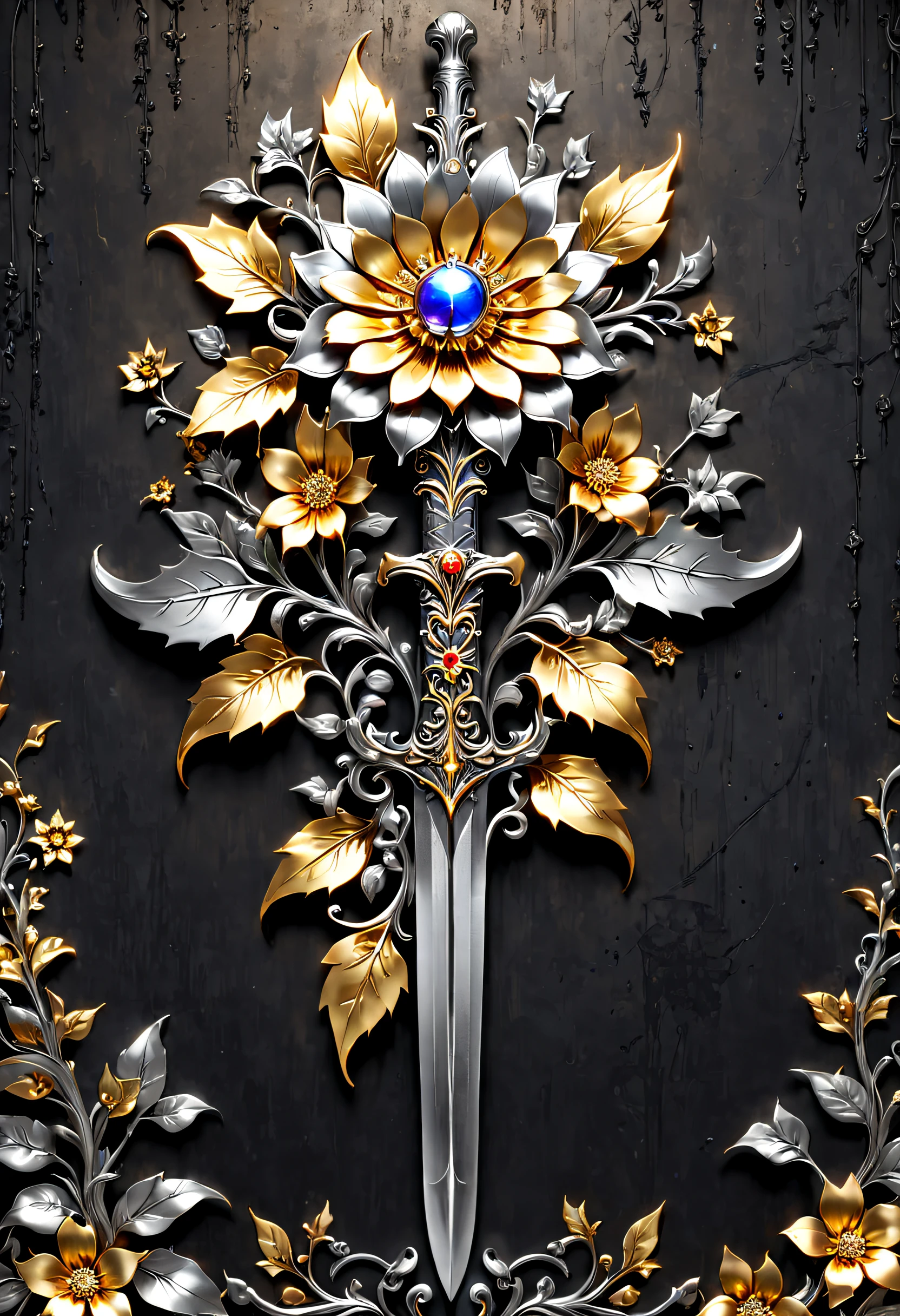 metal art，flower made of iron，iron leaf，iron pill，Iron flower，Full metallic luster，Metal texture in the post-industrial era，Iron decoration，platinum，Silver and gold，heavy metal style，Alloy iron flower surrounding magic sword，Alloy vines surround the magic sword,There are iron flowers on the sword，