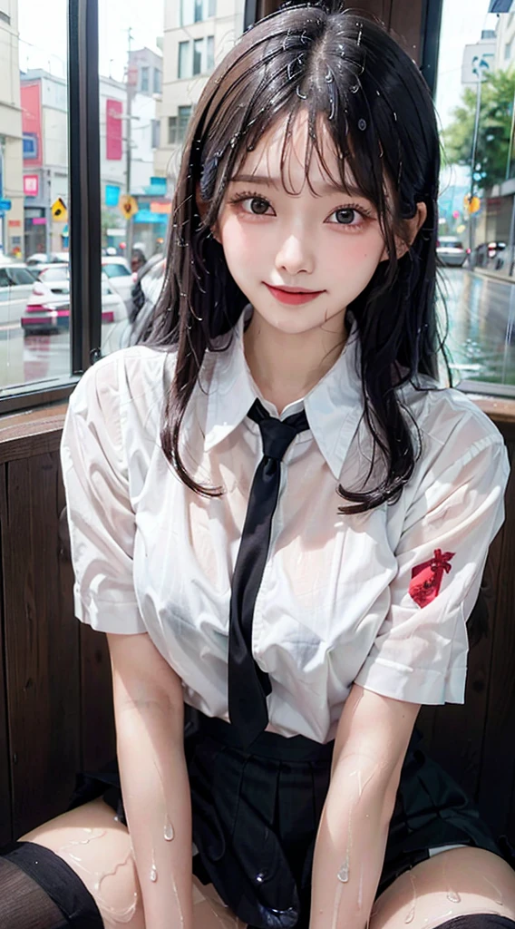 top-quality、masutepiece、超A high resolution)、、(Looking at the camera、Kamimei、a smile:1.2)、((Semen、a wet body:1.2))、hotel、hi-school girl、A dark-haired、Semi-long、straight haired、kawaii faces、Beautiful eyes、(high-school uniform、blazers、shirt、neck tie、skirt by the、Black Knee High Socks)