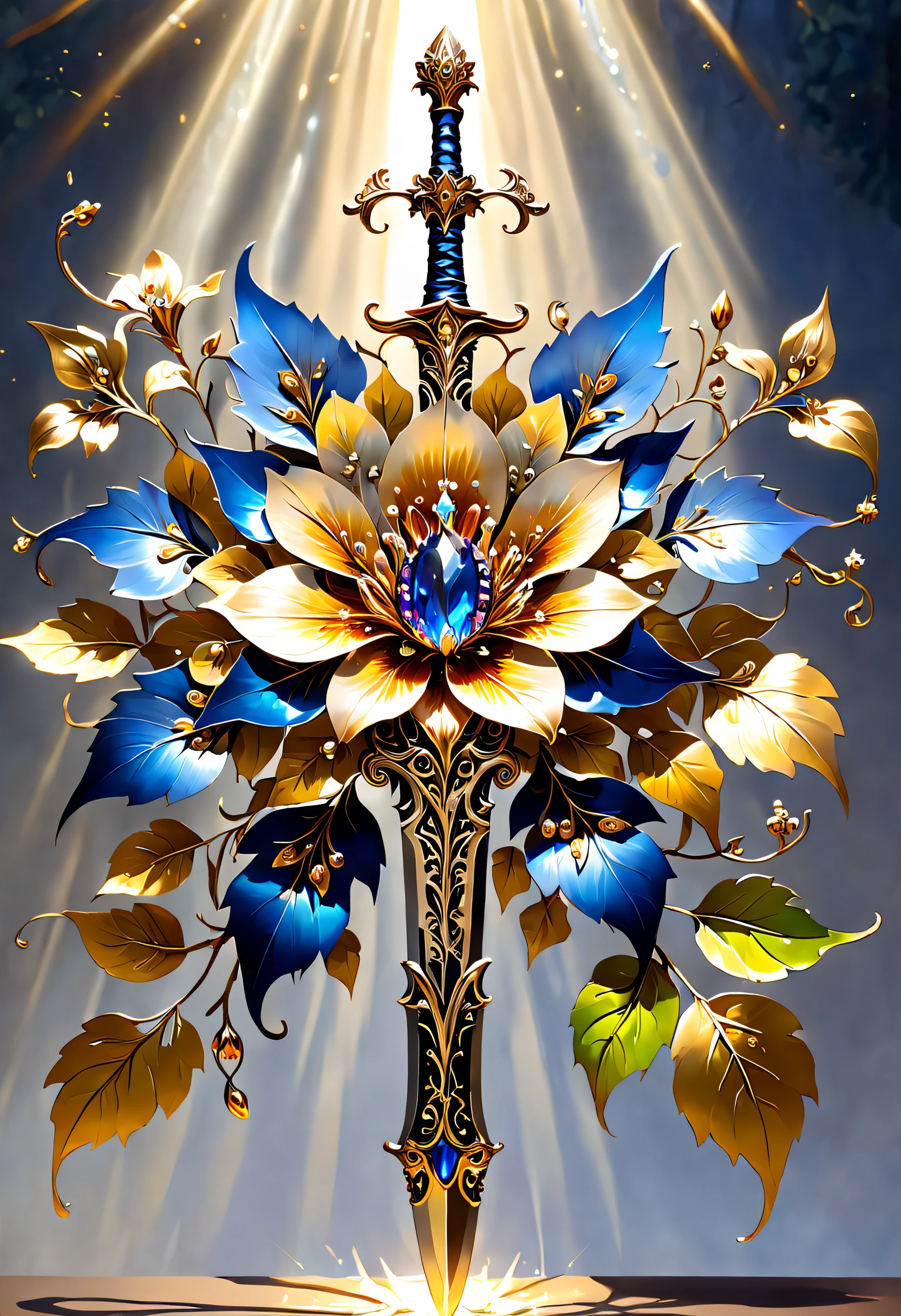 heavy metal style，metal art，flower made of iron，iron leaf，Delicate metallic flowers sparkle in dappled sunlight, Like metallic flowers sparkling in the sun, Each petal is carefully processed，And presented with exquisite gouache painting techniques, Every stroke captures its beauty and power, (((Complicated details:1.4))), (((Extremely crazy details:1.4))), (((high high quality:1.3))), ultimate artistic level, (((high high quality:1.3))), (((Radiosity presented in stunning 32k resolution beauty:1.3))),Alloy iron flower surrounding magic sword，Alloy vines surround the magic sword,There are iron flowers on the sword，