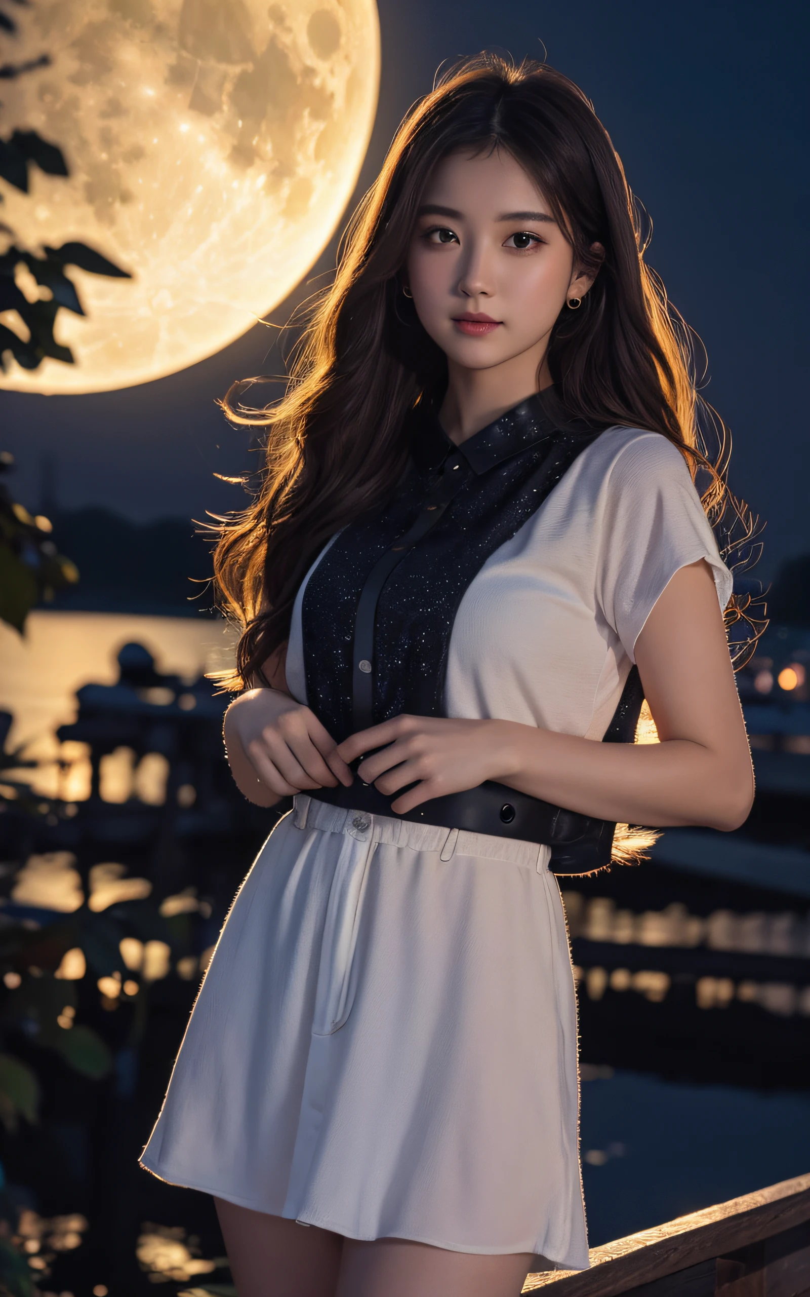 masterpiece, Best Quality, 8K, a full moon that fills the screen., 1 girl