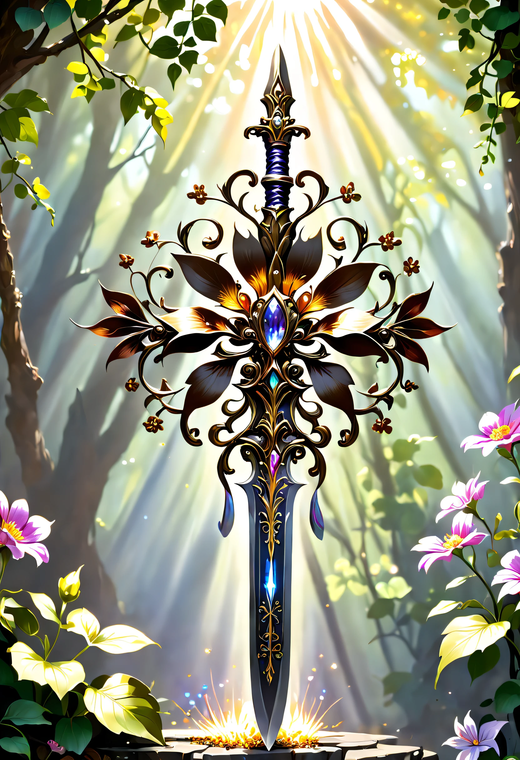 metal art，flower made of iron，iron leaf，iron pill，Iron flower，Full metallic luster，Metal texture in the post-industrial era，Iron decoration，platinum，Silver and gold，heavy metal style，Alloy iron flower surrounding magic sword，Alloy vines surround the magic sword,There are iron flowers on the sword，