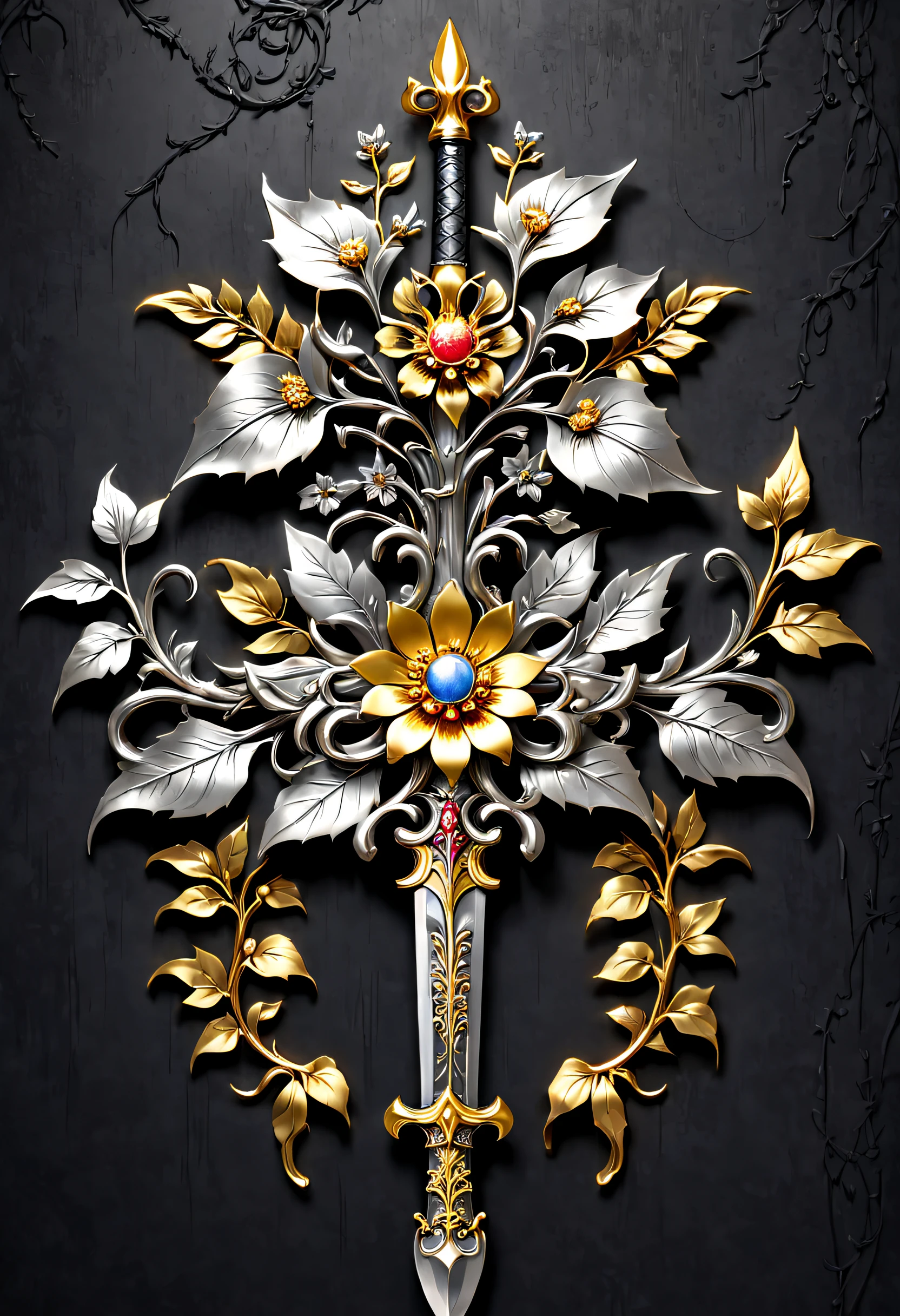 metal art，flower made of iron，iron leaf，iron pill，Iron flower，Full metallic luster，Metal texture in the post-industrial era，Iron decoration，platinum，silver and gold medals，heavy metal style，Alloy iron flower surrounding magic sword，Alloy vines surround the magic sword,There are iron flowers on the sword，