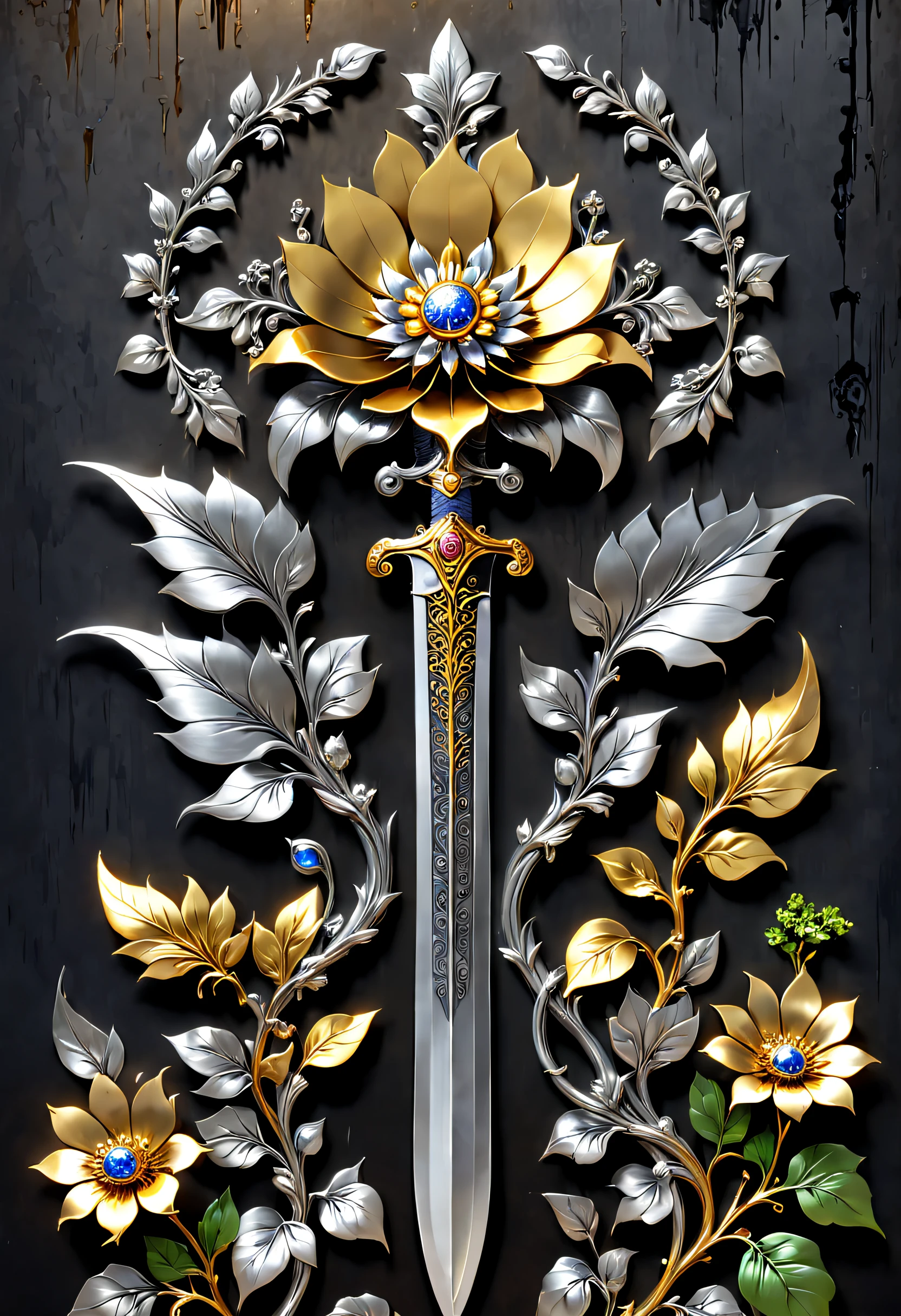 metal art,flower made of iron,iron leaf,iron pill,Iron flower,Full metallic luster,Metal texture in the post-industrial era,Iron decoration,platinum,silver and gold medals,heavy metal style,Alloy iron flower surrounding magic sword,Alloy vines surround the magic sword,There are iron flowers on the sword,