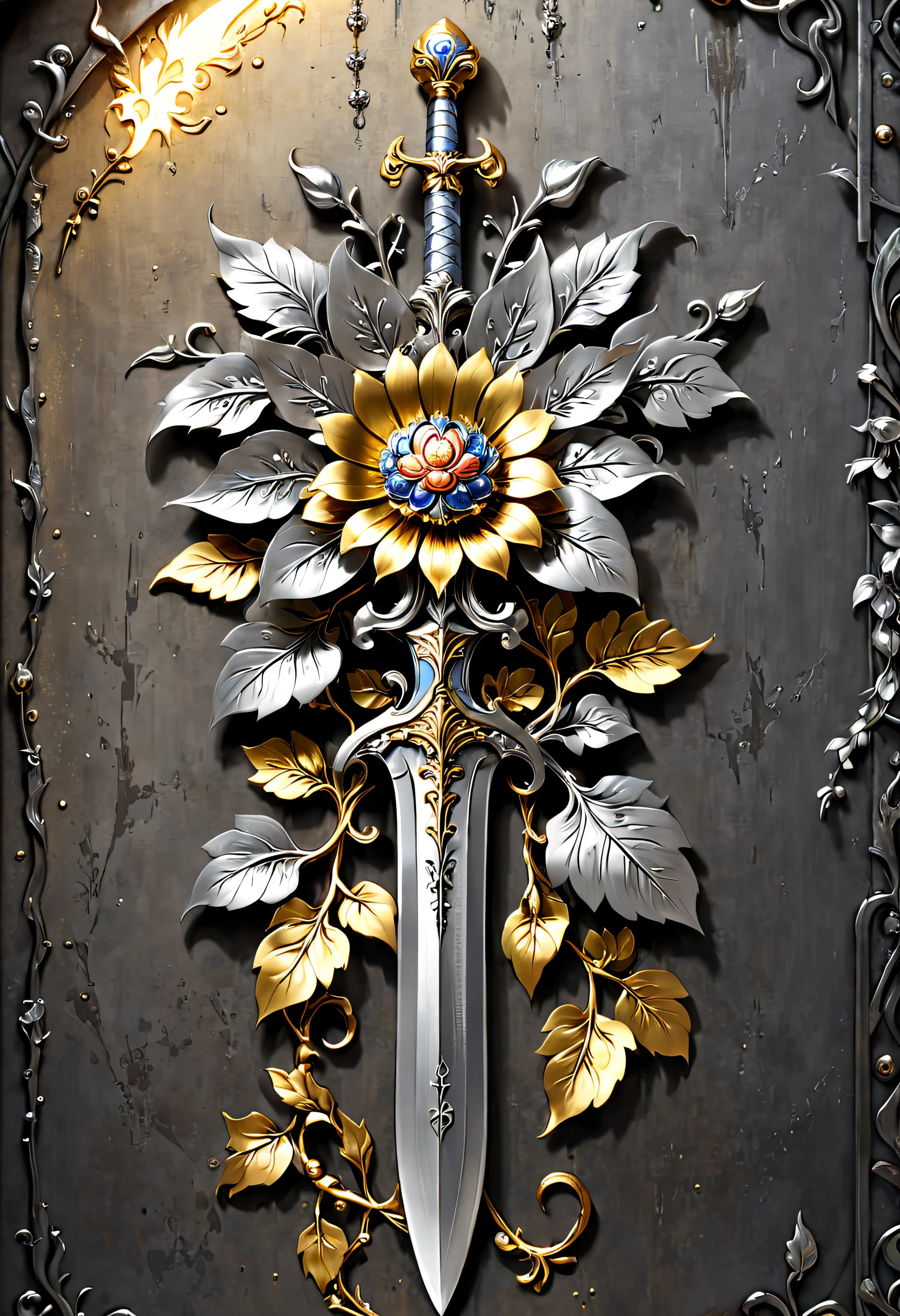 metal art,flower made of iron,iron leaf,iron pill,Iron flower,Full metallic luster,Metal texture in the post-industrial era,Iron decoration,platinum,silver and gold medals,heavy metal style,Alloy iron flower surrounding magic sword,Alloy vines surround the magic sword,There are iron flowers on the sword,