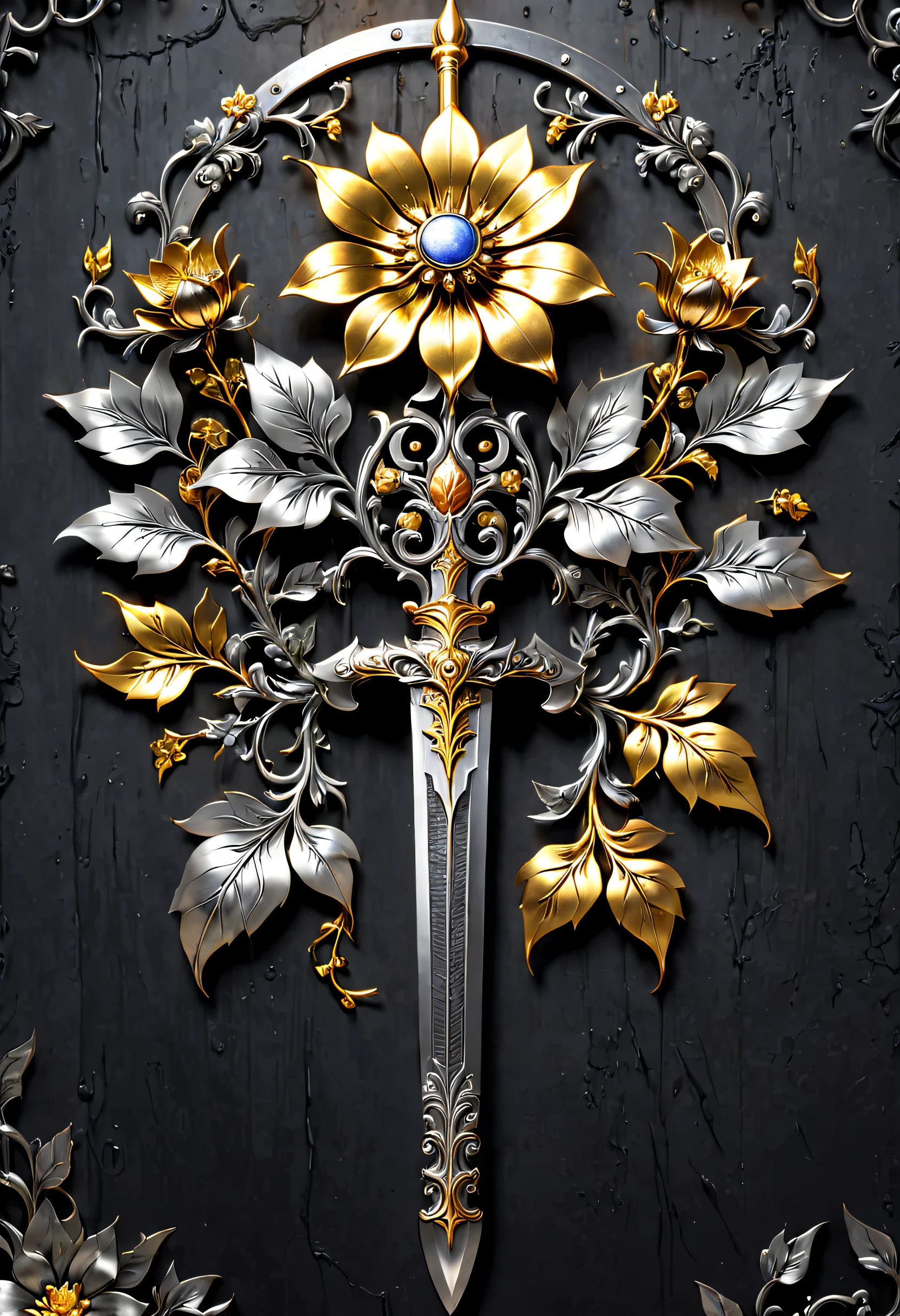 metal art,flower made of iron,iron leaf,iron pill,Iron flower,Full metallic luster,Metal texture in the post-industrial era,Iron decoration,platinum,silver and gold medals,heavy metal style,Alloy iron flower surrounding magic sword,Alloy vines surround the magic sword,There are iron flowers on the sword,