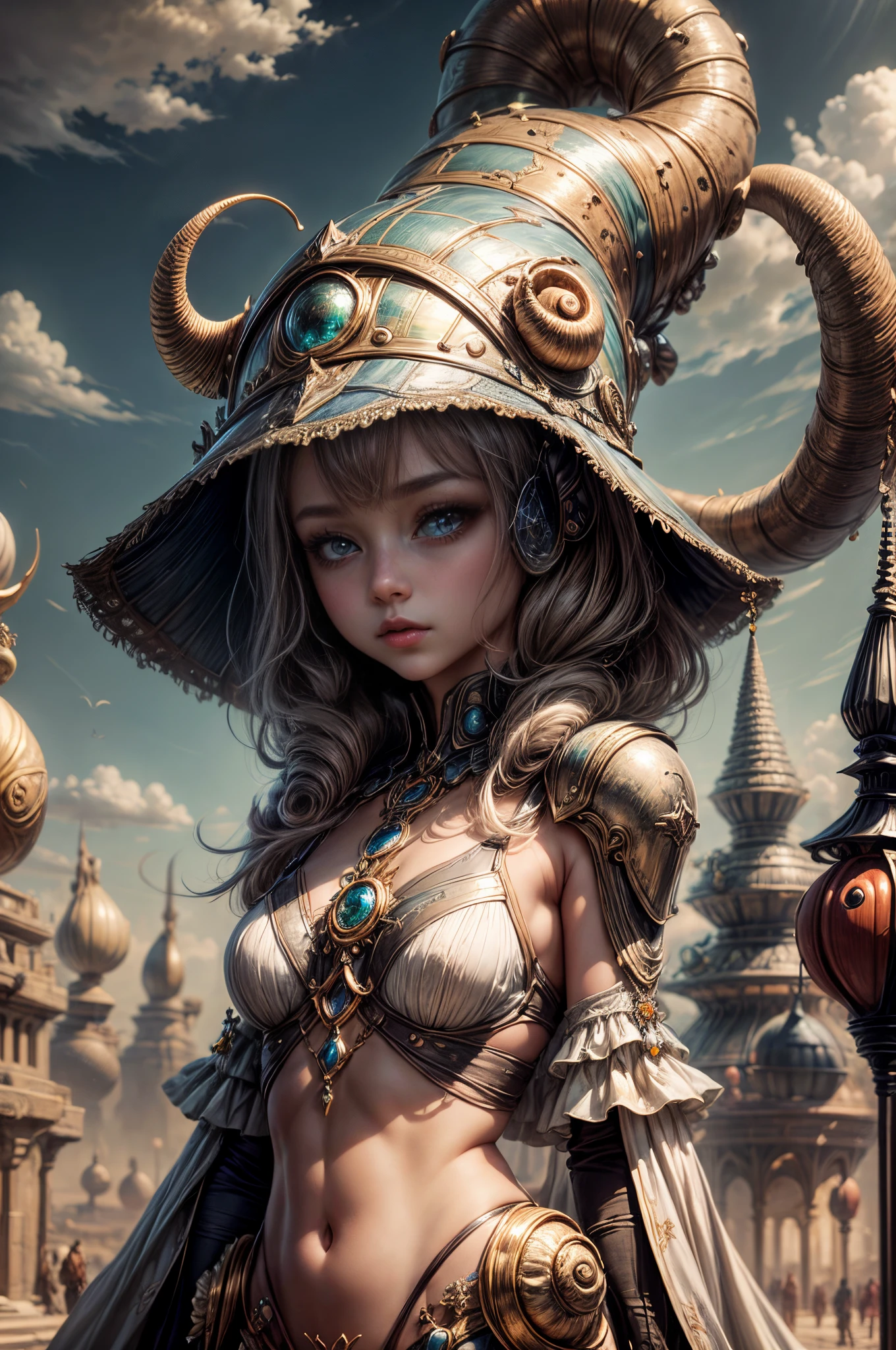 "Painterly depiction of an alien girl, her helmet exuding an otherworldly glow, a mystical snail companion, and dreamy clouds, a masterpiece of the fantastical."