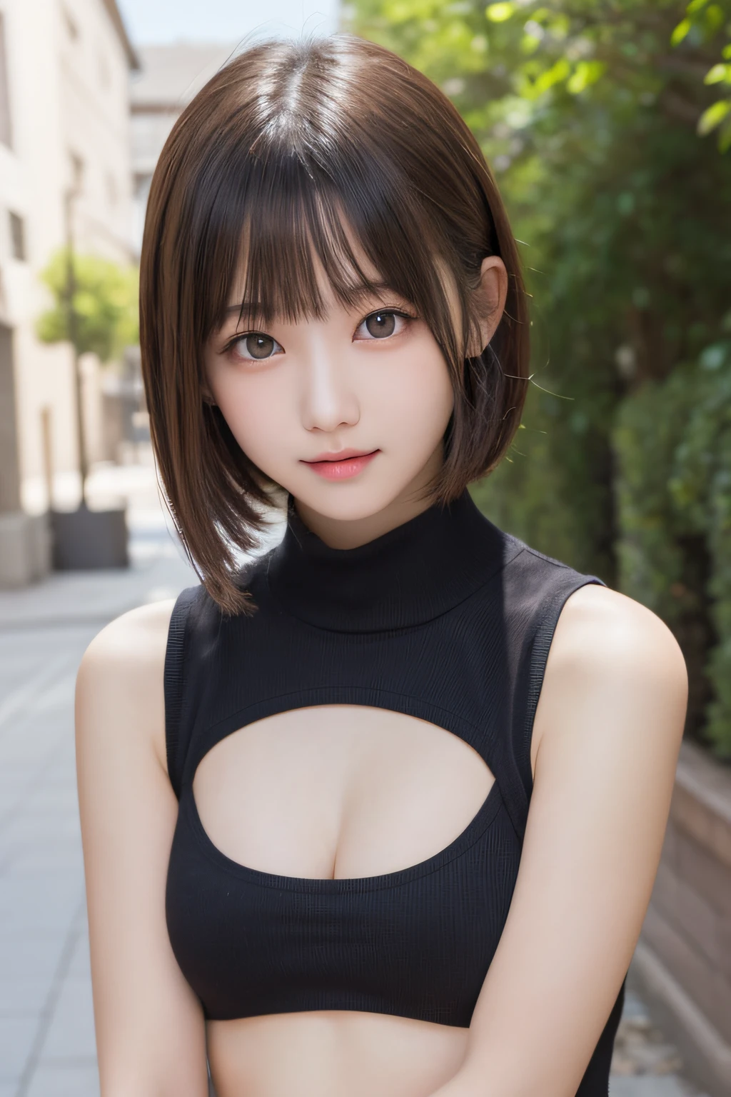 masutepiece, Best Quality, One girl, (Beautiful Girl:1.3), (:1.2), Very fine eye definition, (Symmetrical eyes:1.3), NSFW, (Cute sleeveless:1.3), Beautiful breasts, Brown eyes, Parted bangs, Brown hair, Upper teeth、Background outdoor