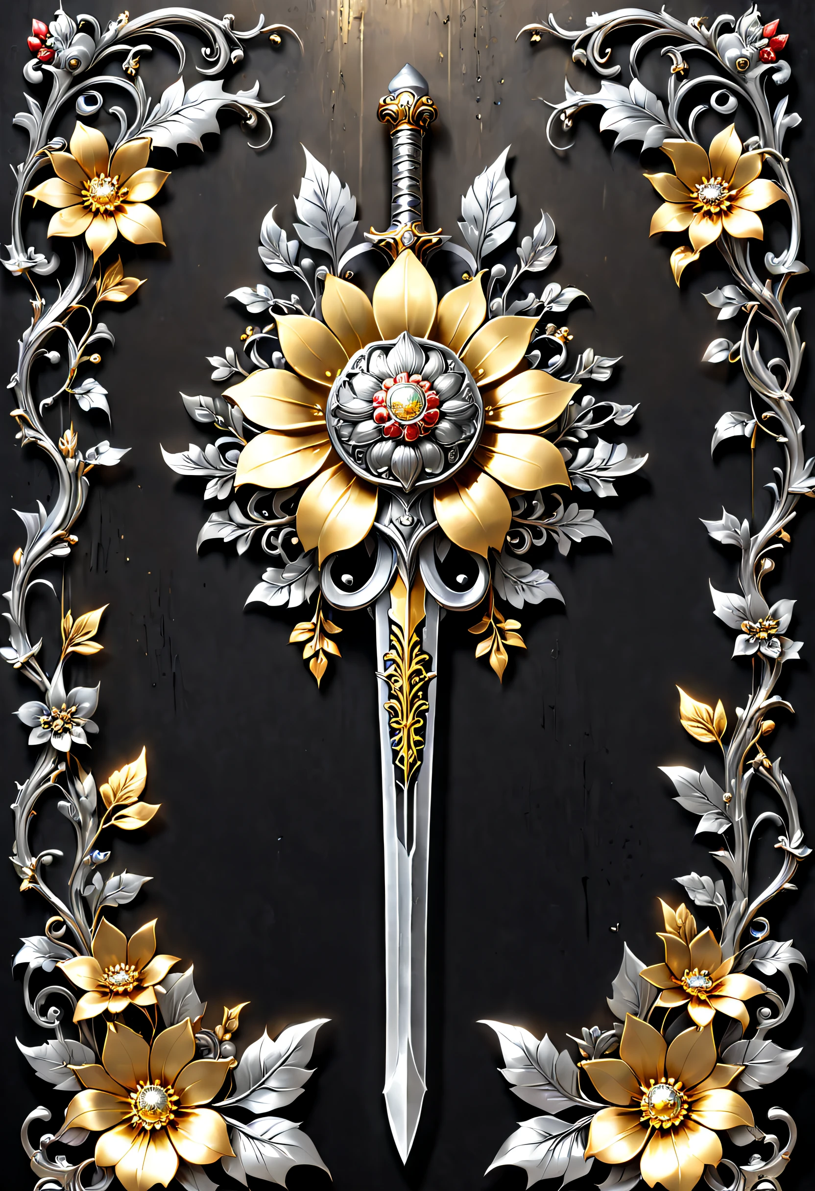 metal art,flower made of iron,iron leaf,iron pill,Iron flower,Full metallic luster,Metal texture in the post-industrial era,Iron decoration,platinum,silver and gold medals,heavy metal style,Alloy iron flower surrounding magic sword,Alloy vines surround the magic sword,There are iron flowers on the sword,