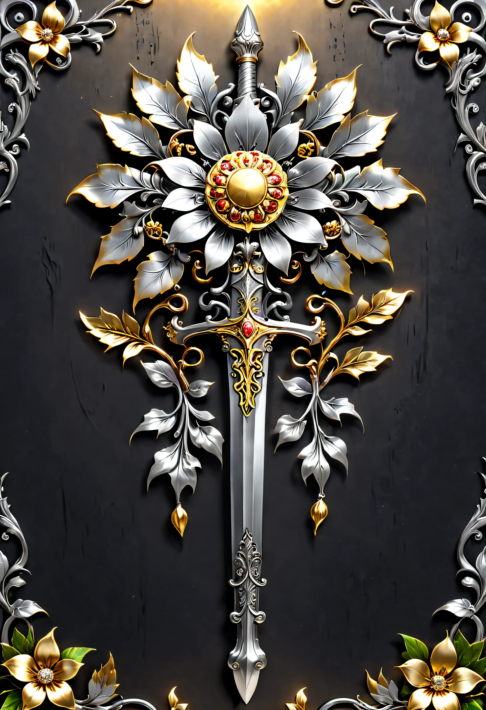 metal art,flower made of iron,iron leaf,iron pill,Iron flower,Full metallic luster,Metal texture in the post-industrial era,Iron decoration,platinum,silver and gold medals,heavy metal style,Alloy iron flower surrounding magic sword,Alloy vines surround the magic sword,There are iron flowers on the sword,