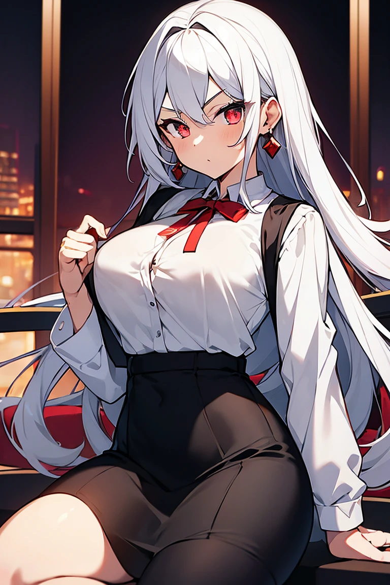 ************, beautiful girl, masterpiece, 最高品質, 8K anime,Surf the picture,illustration, 1 girl, bara, White shirt, black twill cloth, Fold the red ribbon on the chest.................., ,Precise, bestquality,shape: Height about 164 cm.................... There is a chest on CAP D..................... ,beautidul eyes, Long straight eyebrows...............,anime ,White hair to the waist.,Researcher Kit,nighttime,moon light,Red Eyes,Red Gem Earrings,goddesses