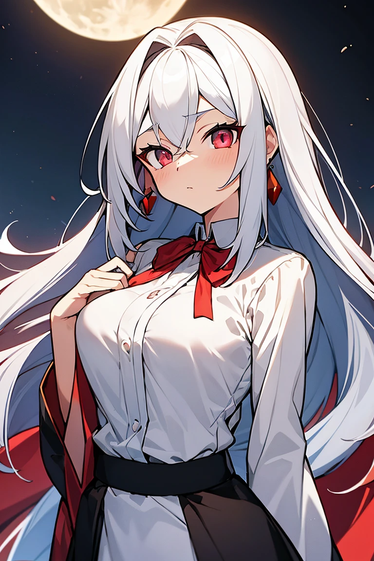 ************, beautiful girl, masterpiece, 最高品質, 8K anime,Surf the picture,illustration, 1 girl, bara, White shirt, black twill cloth, Fold the red ribbon on the chest.................., ,Precise, bestquality,shape: Height about 164 cm.................... There is a chest on CAP D..................... ,beautidul eyes, Long straight eyebrows...............,anime ,White hair to the waist.,Researcher Kit,nighttime,moon light,Red Eyes,Red Gem Earrings,goddesses