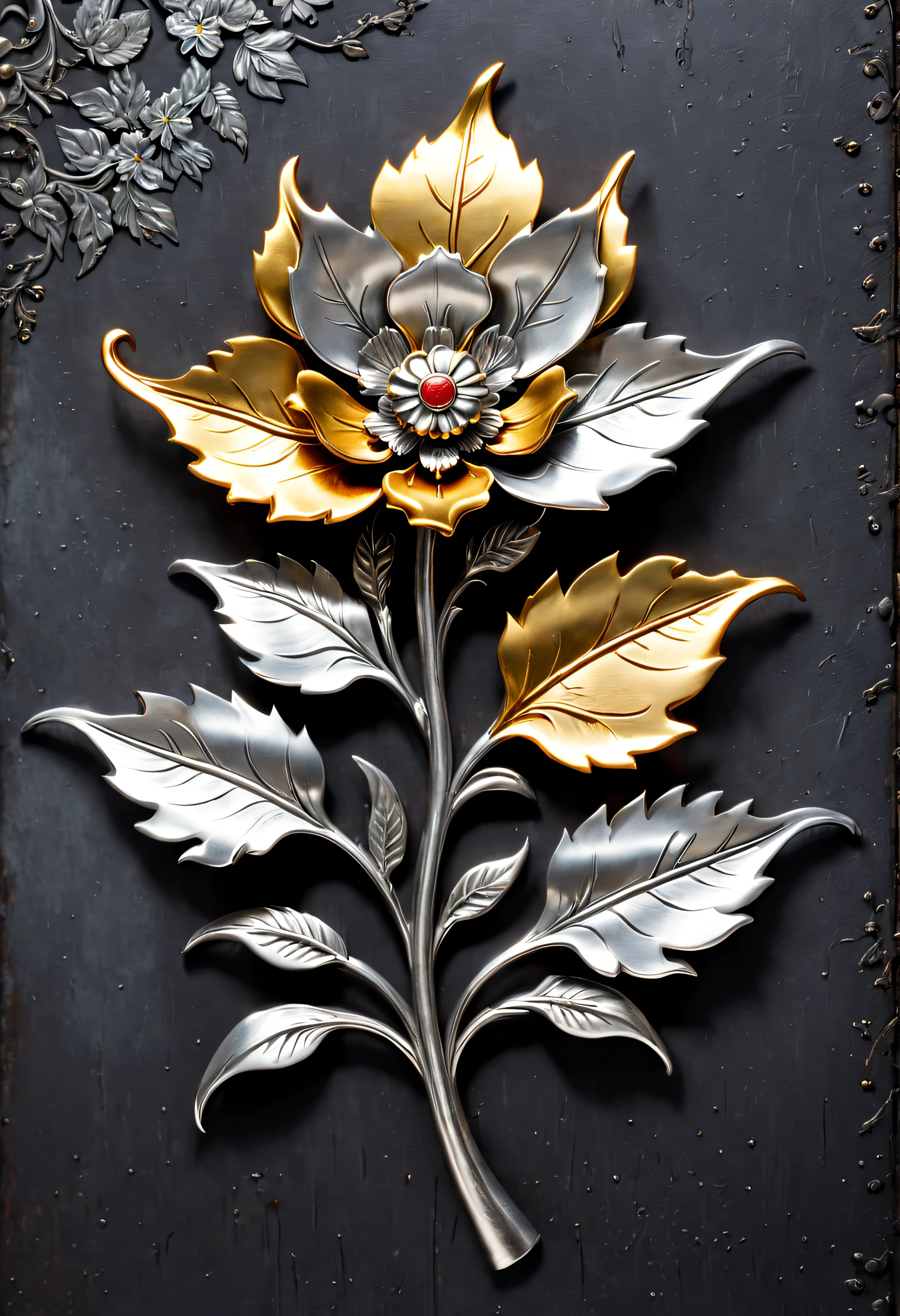 metal art，flower made of iron，iron leaf，Tiewan，Iron flower，Full metallic luster，Metal texture in the post-industrial era，Iron decoration，platinum，silver and gold medals，heavy metal style，