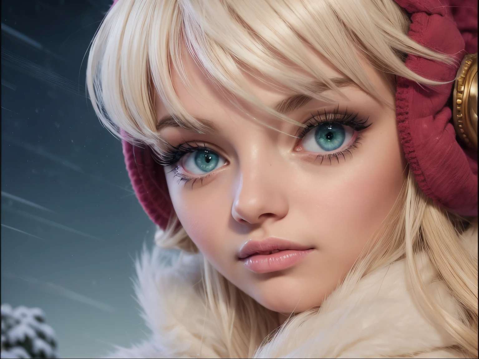 Masterpiece, watercolor: High resolution. Very detailed. realistic. ultra-realistic. Close-uo of female. Young woman. 1girl. Slightly side view. Looking the horizon. About 20 years old. Nordic. Delicate facial features. detailed face. Pretty Big and beautiful green eyes. Big eyes. (iris of the eyes). Slightly speared rose lips. Fur scarf. Pretty long blonde hair. Bangs. Ears cold protection. Snow storm background. Cinematic light.