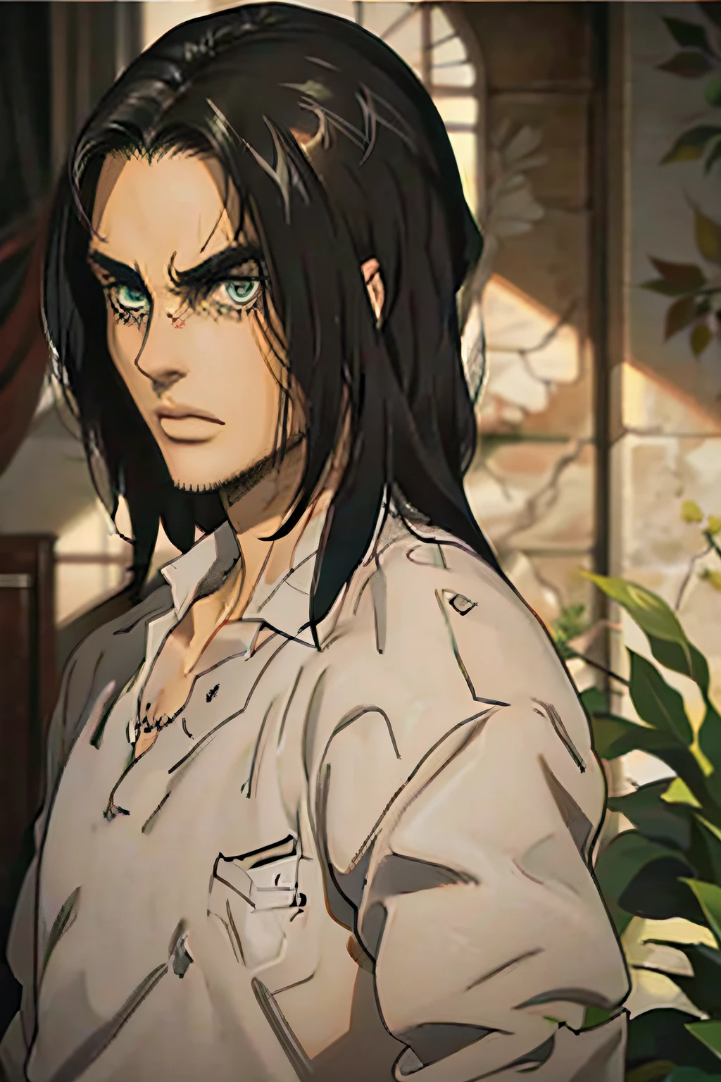 man, masculine, powerful, serious expression, shoulder-length hair, green eyes