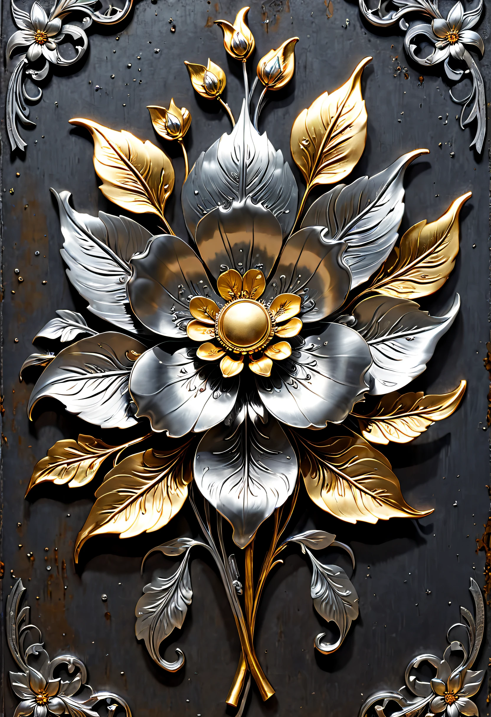 metal art,flower made of iron,iron leaf,Tiewan,Iron flower,Full metallic luster,Metal texture in the post-industrial era,Iron decoration,platinum,silver and gold medals,heavy metal style,