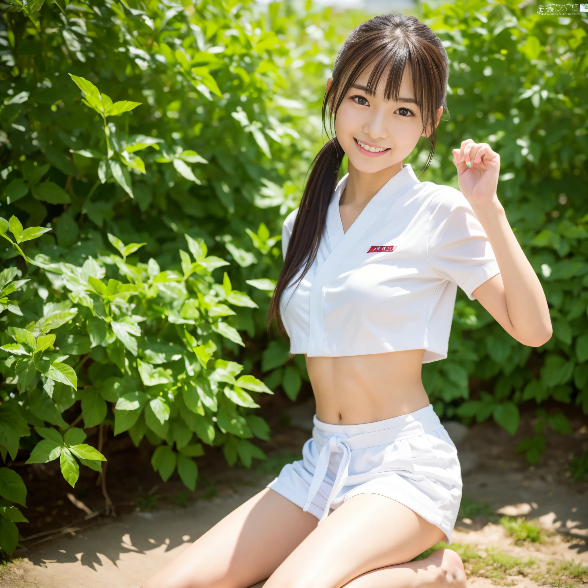 (masterpiece, highest quality:1.4), Award-winning portraits, 8k, 85mm, alone, Beautiful Face, Delicate girl,  (Cheerleader、On the grass), Sophisticated, cute, , RAW Photos, Confused, High resolution, Sharp focus, Background blur、(((Flat  、thin and delicate body、Childish atmosphere)))、shiny semi-long hair、ponytail、Mole on the left cheek、 Dark blue eyes、the skirt is swaying in the wind、Hair swaying in the wind、sexy、Flexible legs