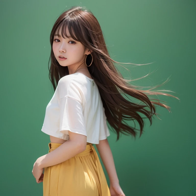 1girl in, 20yr old, gradient, gradient_Background, Green_Background, up looking_で_viewer, Brown's_hair, Solo by JM、Yoshiko Akishino
