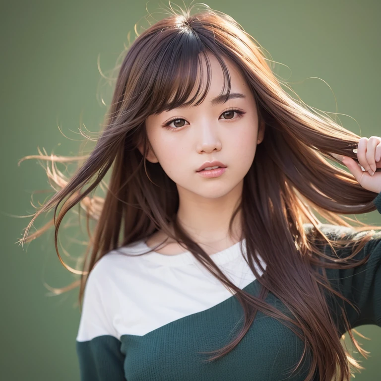 1girl in, 20yr old, gradient, gradient_Background, Green_Background, up looking_で_viewer, Brown's_hair, Solo by JM、Yoshiko Akishino
