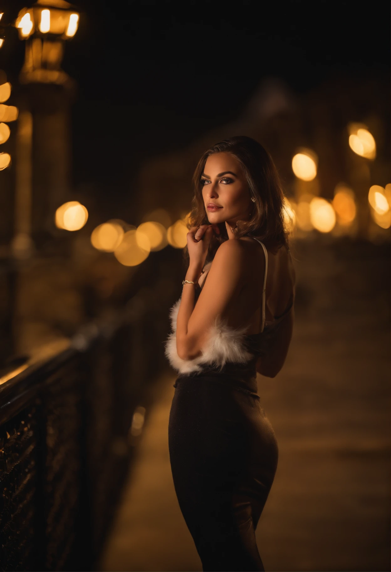 Beautiful model on a winter night,Frontlinse,Urban background, Full body recording, best qulaity,f / 1 HD-Fotografie T Bokeh,Depth of field macro The atmosphere is sensual. Ultra realistic womenno clothes ready for photoshooting in la