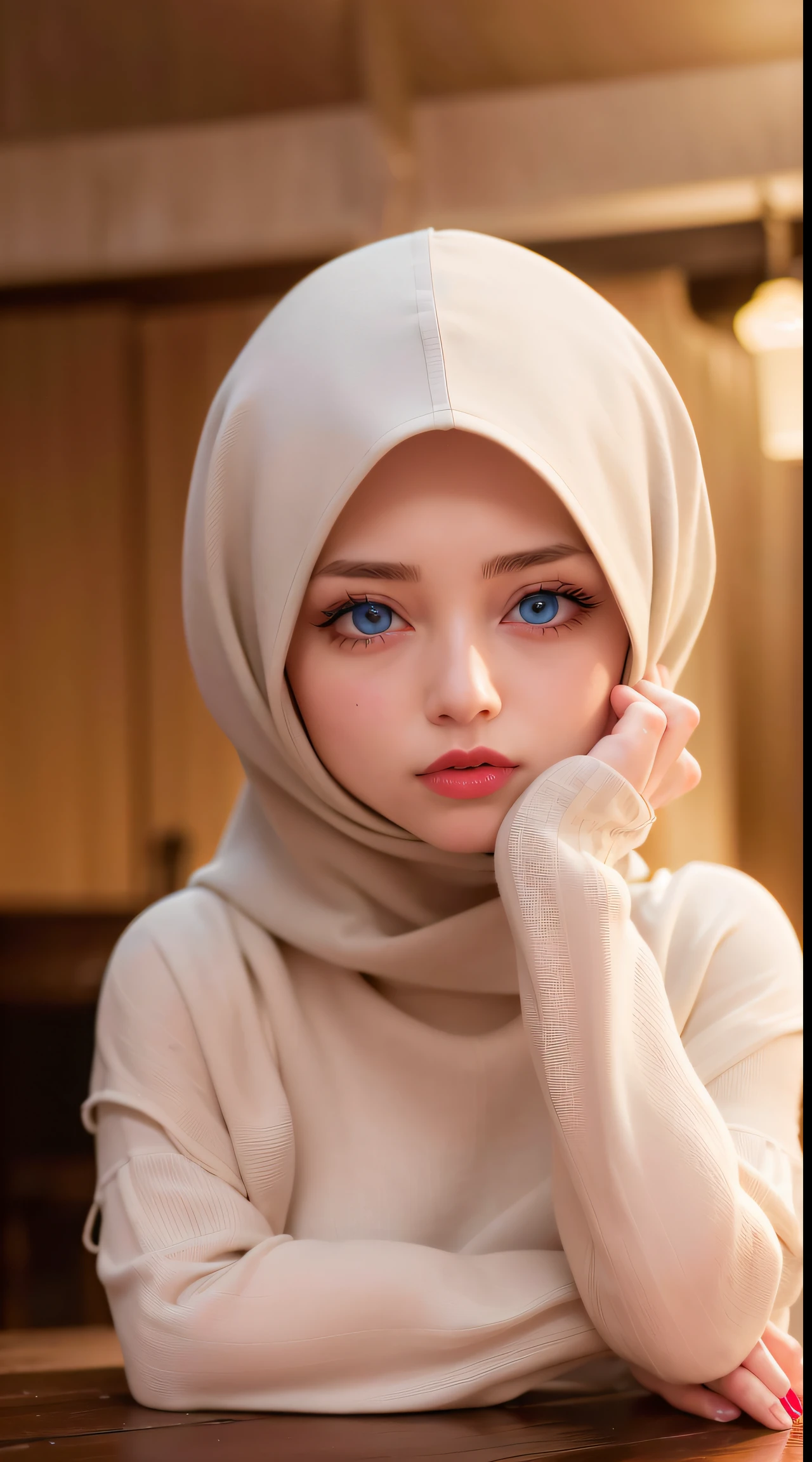 (8k, 4k, best quality, highres, ultra high res:1.1), (masterpiece, realistic, photo-realistic:1.1), 1girl,  face, close-up, blue eyes, red lips,  (looking at viewer:2), arab face, beautifull women, long hijab, long eyelashes, eyeshadow,  small face, big eyes, covered clothes
high contrast,
