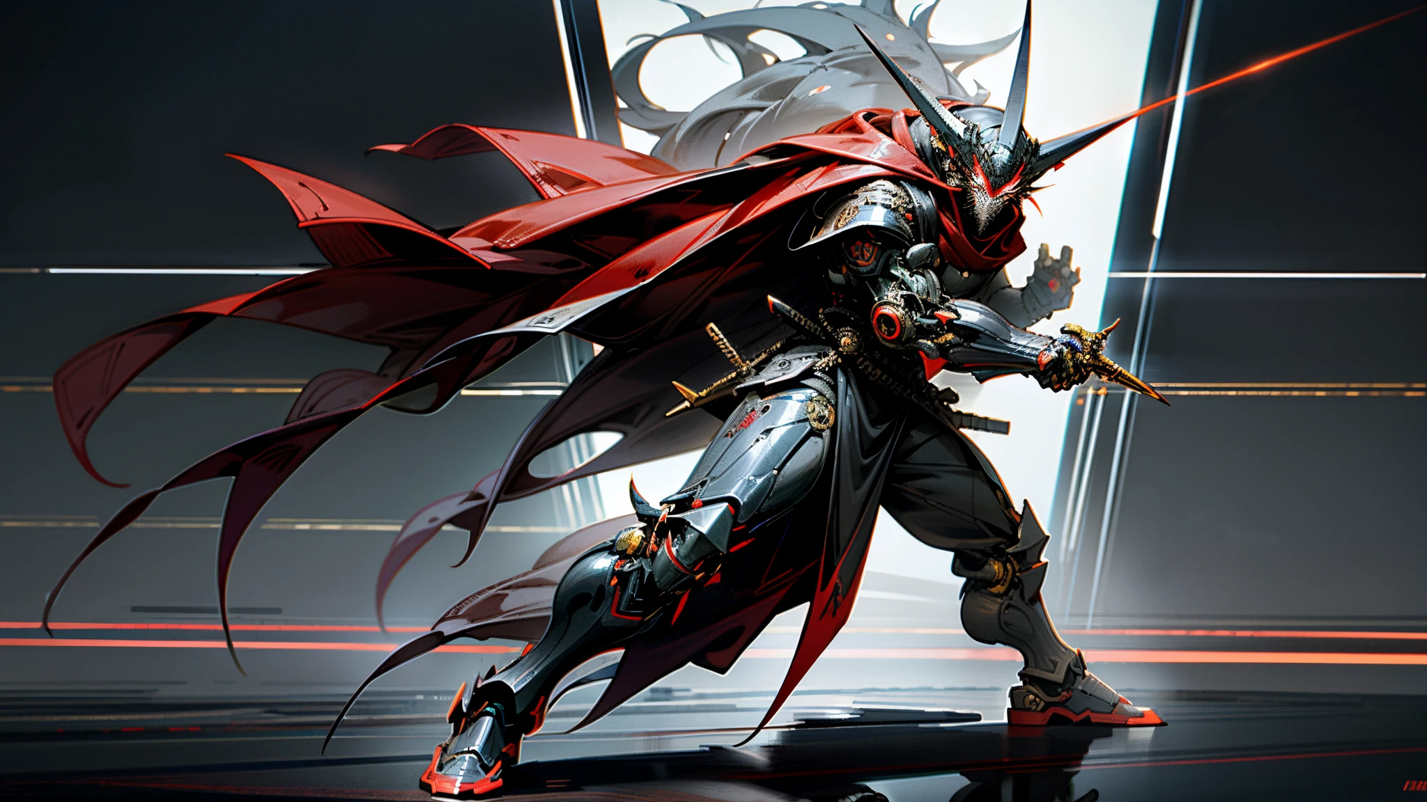 Full Body, Dragon man sword slash, hold sword in right hand, Slash, Dark_Fantasy, Cyberpunk,1Man Mechanical marvel,Robotic presence,Cybernetic guardian, RED eyes lighting neon electricity spark, samurai mechanical armour, 3katana on the waist, absolutely stunning art,wearing a RED cloak, highest quality art, highest resolution, hyper detailed,black and red, futuristic, samurai robot, atmospheric, 64k, HD, unparalleled masterpiece, dynamic lighting, cinematic, epic, Cyberpunk City yesr 2100 background.