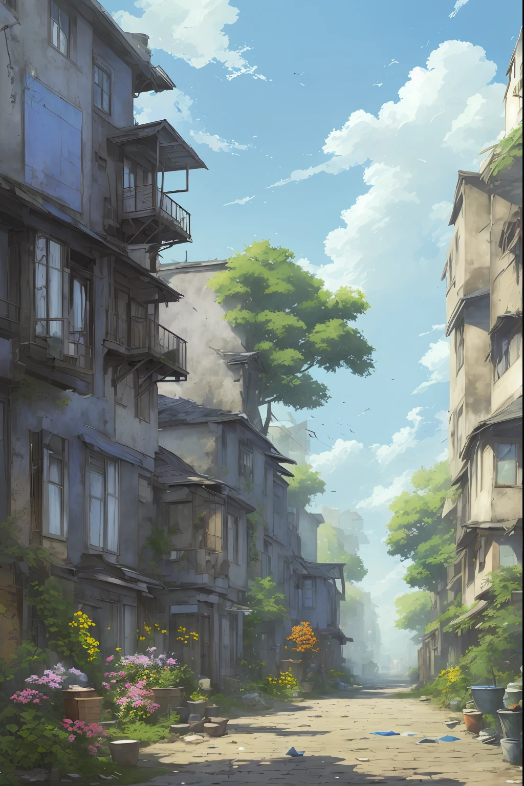 picturesque slums, very cozy little place, hyper realism, (anime Makoto Shinkai:0.4), old shabby house in city street,, outdoors, sky, cloud, day, scenery, tree, blue sky, building, sign, wide shot, utility pole, town, wilderness, flowers, a lot of utensils lying around in a mess