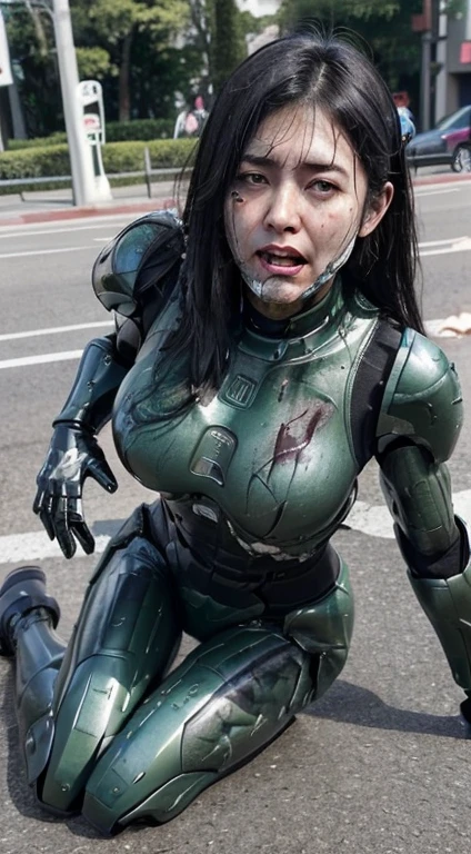 ((lying on your back on the ground))((Fulll body Shot))Middle-aged woman　Sweaty face、green weight robot suit、dirty dark green armor, Black hair、Heavy Cyborg、Sweaty face、、Open the legs、((heavily damaged armor))、(Armor that received a terrible attack)Opening Mouth、、((Drooling from the mouth..)) sexy eye　Cracks in the ground、Blood from the mouth、whole body is damaged、groggy expression、blood from the body　Get down on one knee　Wrinkles between the eyebrows