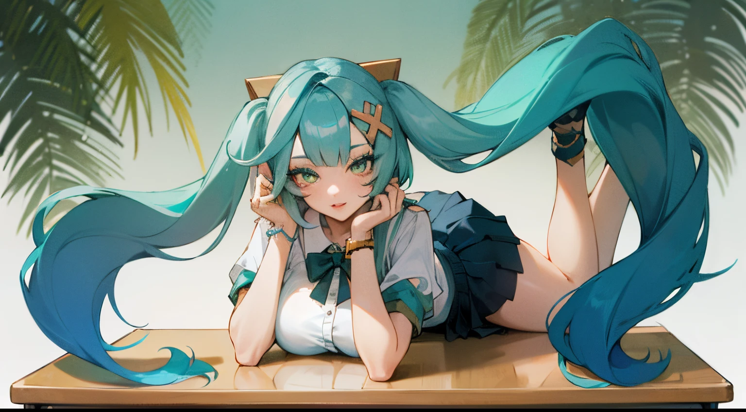 faruzan,long hair,((hair is a turquoise gradient)),multicolored eyes, gradient eyes,  mascara, (fashion make up),  hair ornament, twintails, x hair ornament,  jewelry, bracelet,
((school, technology room, Lying on the desk, plants)),wallpaper, school skirt,full body, huge tits,