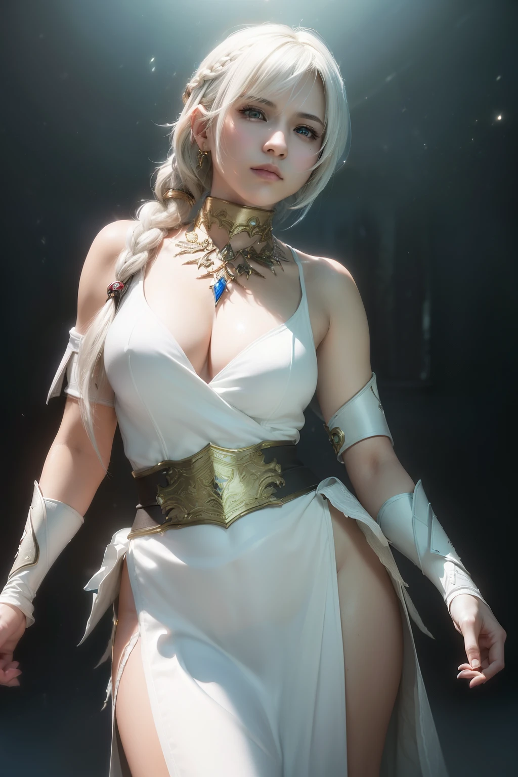 (((From face to the waist view::1. 4))), realistic skin texture, front view::1.0, (((Final Fantasy aesthetic style))) in complex & hyper detailed white fantasy armor (((wild glow effect))), panning photography::1, gold hour illumination, short white hair & long braid, (masterpiece), best quality, perfect face, 8k