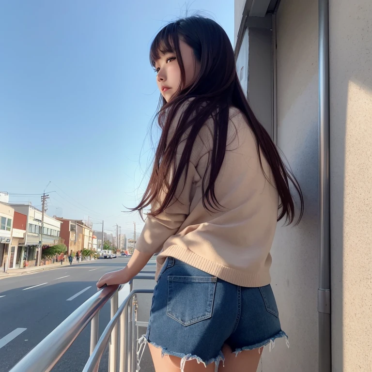 1girl in, 20yr old, gradient, gradient_Background, Urban_Background, up looking_で_viewer, Browns_hair, Solo by JM、Yoshiko Akishino