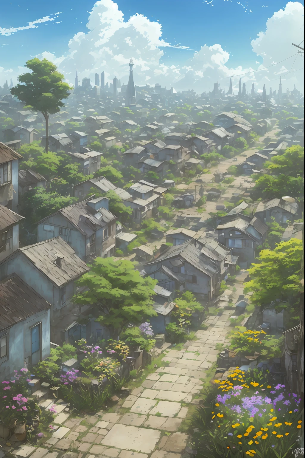 picturesque slums, very cozy little place, hyper realism, (anime Makoto Shinkai:0.4), old shabby house in city street,, outdoors, sky, cloud, day, scenery, tree, blue sky, building, sign, wide shot, utility pole, town, wilderness, flowers, a lot of utensils lying around in a mess