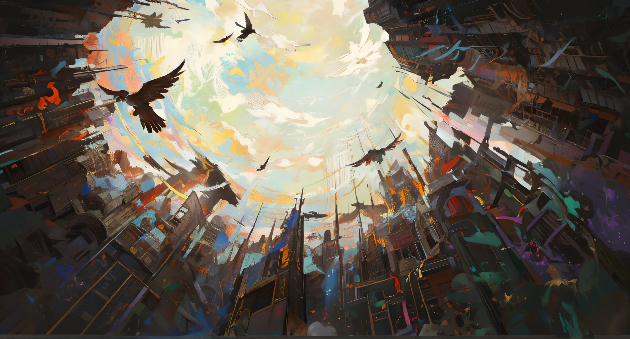 Illustration of birds flying in the sky with sun as background, an abstract spiritual background, Phoenix flying in the sun, mystical birds, Huginn and muninn flying above,flocks of crows, Surrounding mountains,surrounded by cloud,(Eastern disaster world,dunhuang,mountain water,Rock painting,)(q2 HD)(Dunhuang murals,Mingsha Mountain Crescent Bay,)(The fire of hell will burn all living beings to charcoal)(((earth black flame)))(The picture is very delicate,meticuloso)(The picture is very delicate,meticuloso)(hell, 火焰, flame fire, a sea of fire,clouds ,Buried in flames ,Reborn from the ashes,Light and Shade,Wind and fire,Destruction and Rebirth)