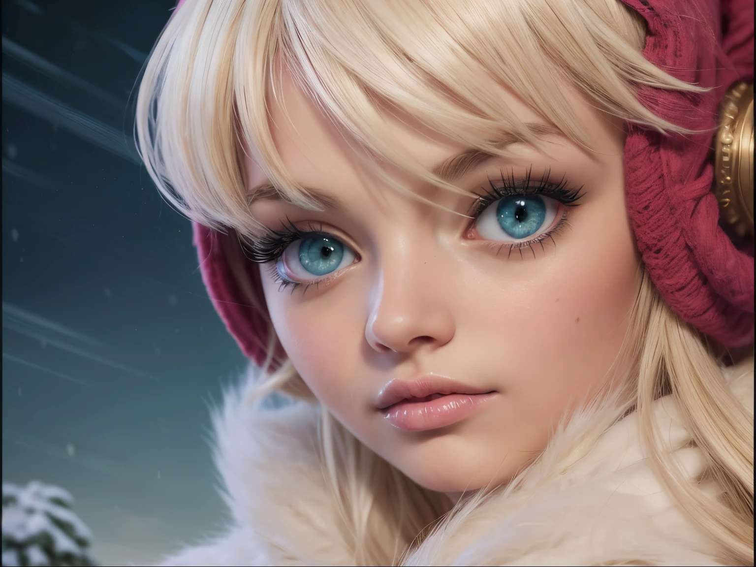 Masterpiece, watercolor: High resolution. Very detailed. realistic. ultra-realistic. Close-uo of female. Young woman. 1girl. Slightly side view. Looking the horizon. About 20 years old. Nordic. Delicate facial features. detailed face. Pretty Big and beautiful green eyes. Big eyes. (symmetric eyes`s iris). Slightly speared rose lips. Fur scarf. Pretty long blonde hair. Bangs. Ears cold protection. Snow storm background. Cinematic light.