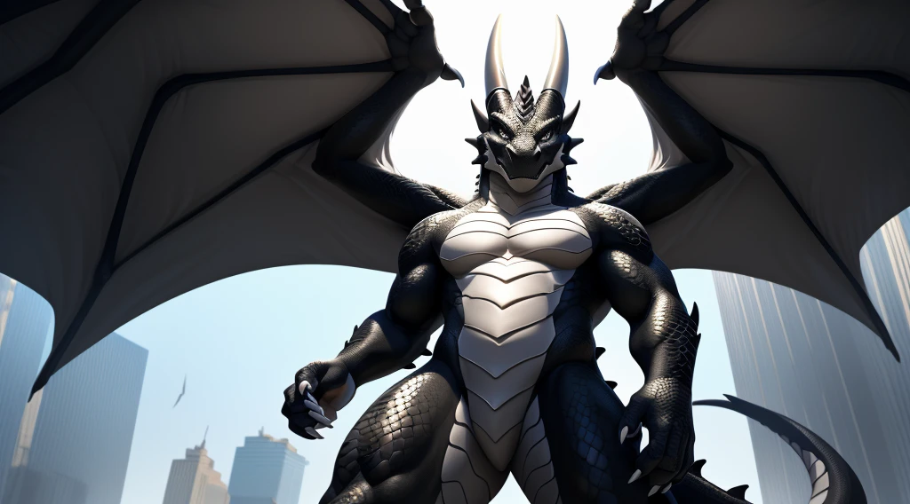 ((nj5furry, solo, upper body perspective, masterpiece, chest level shot, standing, calm expression, anthro, dragon, looking at viewer, high resolution, 4K, photorealistic)), male, adult, ((dragon-face, leathery wings, detailed scales, extremely detailed, muscled body, medium-length tail, scales, three toes, two-tone scales, white and black body)), grey eyes, high contrast, dynamic composition, (five fingers, clawed fingers, white claws)