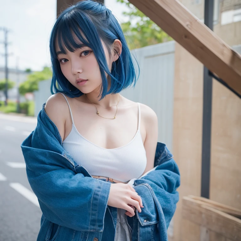1girl in, 21years old, gradient, up looking_で_viewer, BLUE_hair, Solo by JM、Yoshiko Akishino