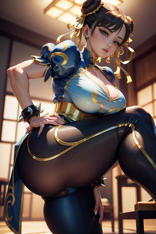 Chun-Li, 40_Anos_velho, mature-looking woman, MILF, (1girl), sozinho:1.4, (em um qipao azul e dourado_bordado posando para uma foto, clivagem, leggings marrons, tanga) Retrato de Chun-Li, (marrom_olho, curto_Hair, marrom_Hair, Dobrar_bom), Oppai, Oppai proportions, anime hiper-realista, Deusa japonesa, altamente detalhado, grande_seios, clivagem, Contorno do mamilo, pele brilhante, Corpo Perfeito, rosto perfeito, figura completa hiperrealista