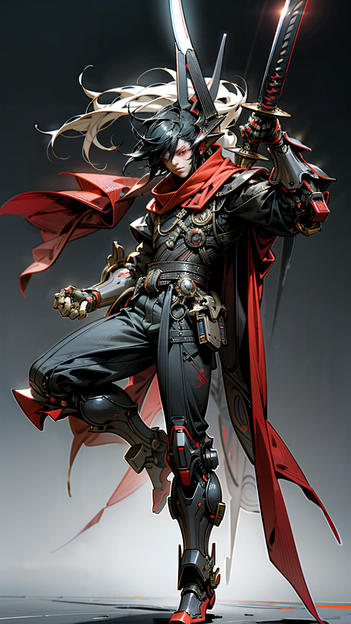 Full Body, Dragon man dash and sword slash, hold sword in right hand, Dash, Jump, Slash, Dark_Fantasy, Cyberpunk,1Man Mechanical marvel,Robotic presence,Cybernetic guardian, RED eyes lighting neon electricity spark, samurai mechanical armour, 3katana on the waist, absolutely stunning art,wearing a RED cloak, highest quality art, highest resolution, hyper detailed,black and red, futuristic, samurai robot, atmospheric, 64k, HD, unparalleled masterpiece, dynamic lighting, cinematic, epic, Cyberpunk City yesr 2100 background.