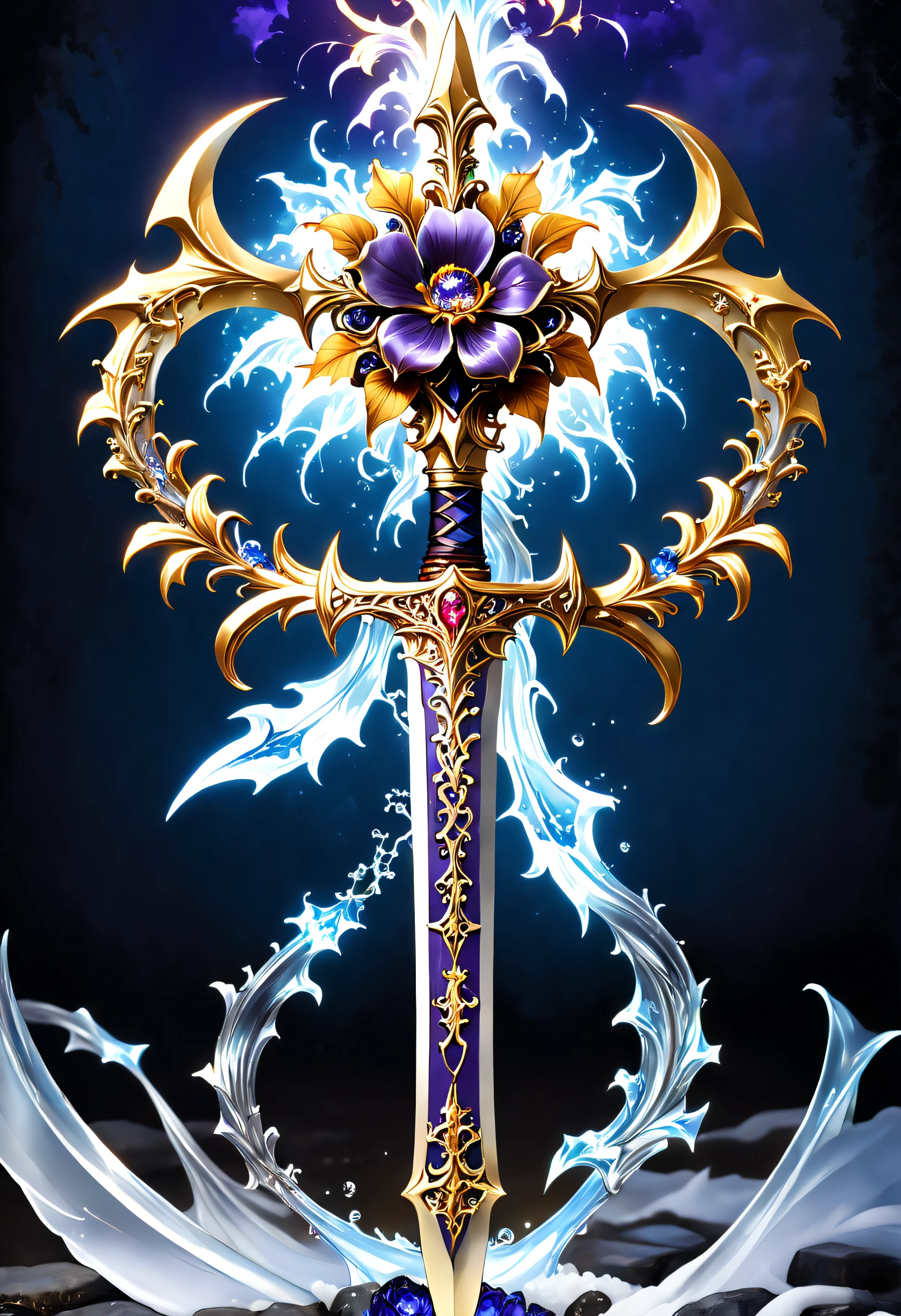 (8K, 16k, Award-winning, Best quality at best, Highest high resolution, super detailing, high detal, Anatomically correct, tmasterpiece, hori'hori'hori'It's breathtakingly beautiful), alloy flower,Alloy vine surrounding magic sword,There is a flower on the top of the sword,Alloy carvings exude metallic luster,Sword made of crystal and white gold,Alloy rattan winding,Exquisite alloy stranded wire technology , sword and flower,Rare and precious, Complicated details,Golden flame,Purple magic,blue lightning,Magical ice and snow world background,(gothic art style:1.5),Magic sword and flower,Magic flower made of colorful metal,Exuding endless magical charm and brilliance