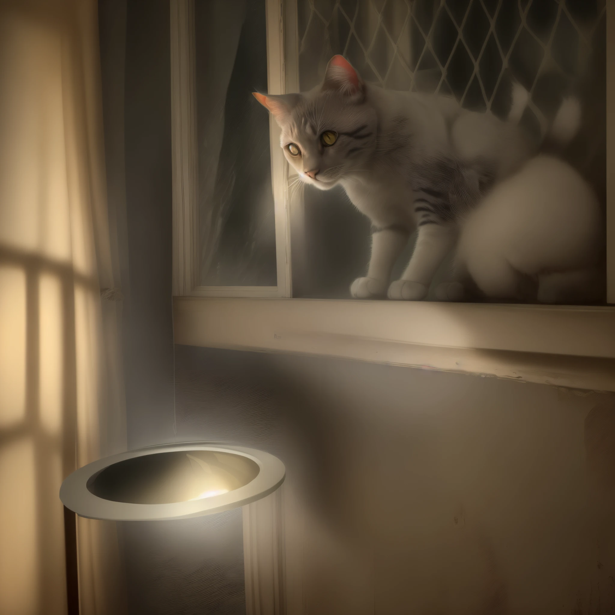 there is a sinister cat, com cara de mau, who's looking out the window, the lights are on in the windows, emerging from his lamp, olhando na janela, luz suave da janela, olhando para fora, luz fria da janela, olhando pela janela, gato em um peitoril da janela, emerging from a lamp, the lights are on, luz natural no exterior