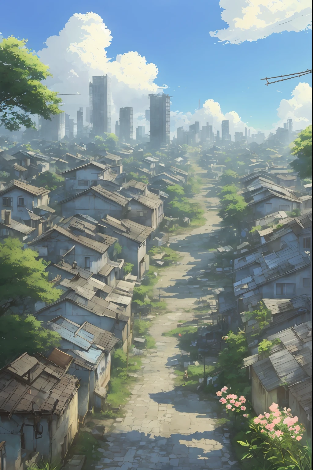 picturesque slums, very cozy little place, hyper realism, (anime Makoto Shinkai:0.4), old shabby house in city street,, outdoors, sky, cloud, day, scenery, tree, blue sky, building, sign, wide shot, utility pole, town, wilderness, flowers, a lot of utensils lying around in a mess