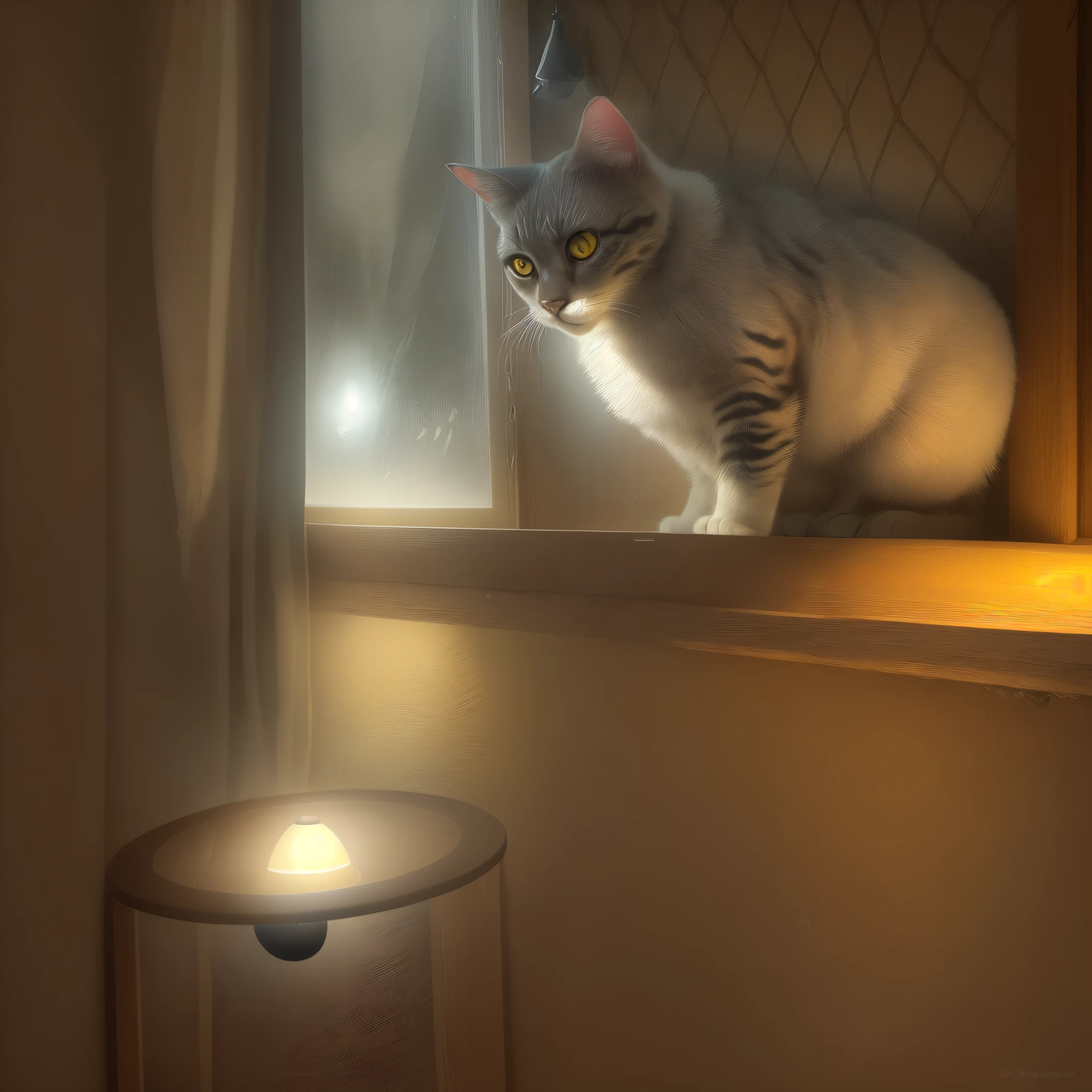there is a sinister cat, com cara de mau, who's looking out the window, the lights are on in the windows, emerging from his lamp, olhando na janela, luz suave da janela, olhando para fora, luz fria da janela, olhando pela janela, gato em um peitoril da janela, emerging from a lamp, the lights are on, luz natural no exterior